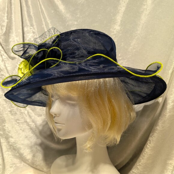 Navy Blue and Lime Green Derby-Style Hat - Picture 2 of 4